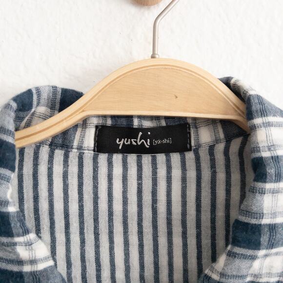 Yushi Blue and Cream Plaid and Stripe Button Down Top - Picture 5 of 5